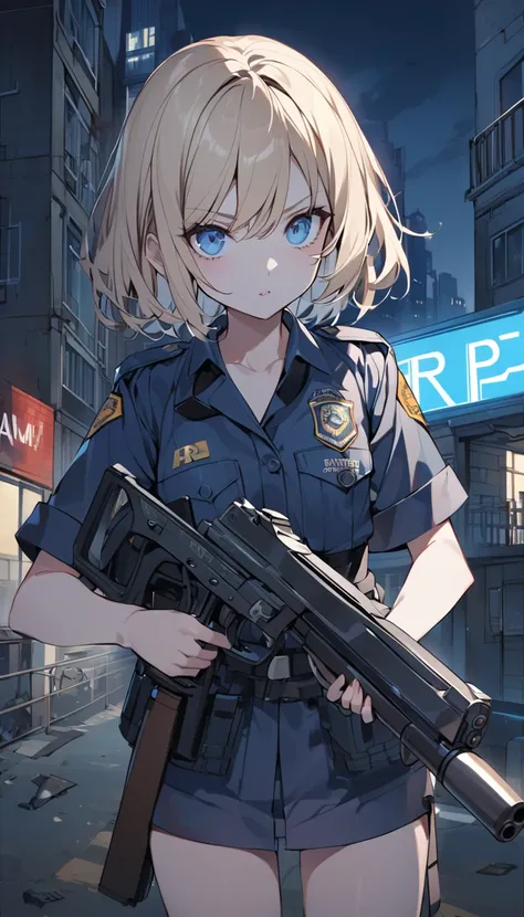 Average woman, fair skin, short blonde hair, blue eyes, small breasts, dressed in police uniform with the acronym: r p d, holding a nine millimeter pistol, police station background.In the midst of the zombie apocalypse 