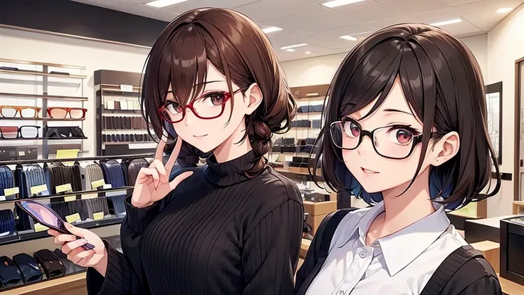 I will draw an eyeglass store clerk for a YouTube thumbnail. The character will be inspired by musicians Daisuke Sakuma and Masaki Suda. This clerk will have square black-rimmed glasses, brown eyes, and vibrant reddish-brown hair. The character will show a...