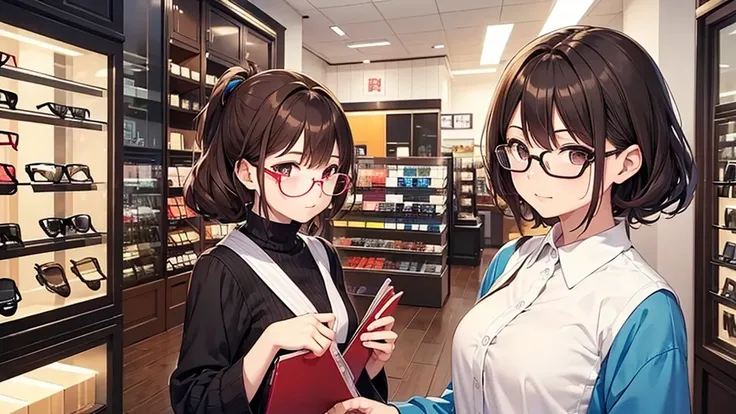 I will draw an eyeglass store clerk for a YouTube thumbnail. The character will be inspired by musicians Daisuke Sakuma and Masaki Suda. This clerk will have square black-rimmed glasses, brown eyes, and vibrant reddish-brown hair. The character will show a...