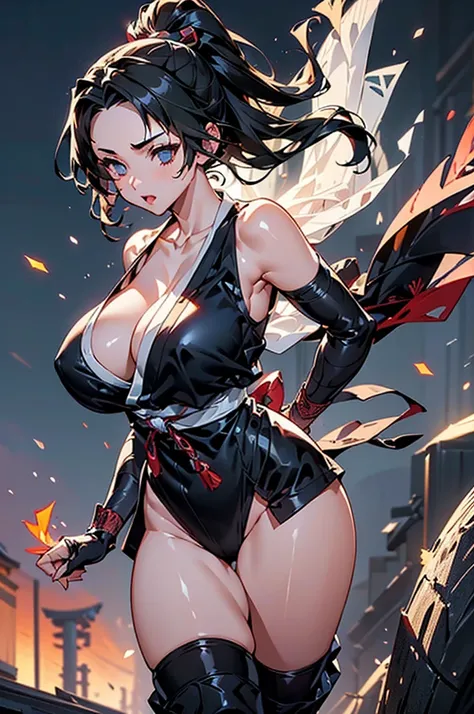 (((beautiful))), ((Ninja, Female ninja, Japanese style)), One Woman, Black Hair, Huge breasts, Cleavage, Thigh, clavicle, ((((Glowing Skin))), (((Intricate details))), High resolution, ((Intricate details, Ultra-detailed)), whole body, Are standing, Black ...