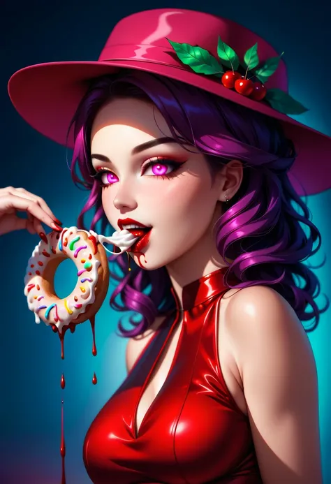 a portrait of a female vampire eating a (bloody donut: 1.3), an exotic exquisite beautiful female vampire, dynamic hair color, wavy hair, dynamic eyes color, (glowing  eyes: 1.1), intense eyes, wearing glamour silk dress, intricate detailed dress, dynamic ...