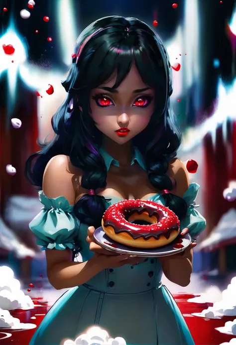 a portrait of a female vampire eating a (bloody donut: 1.3), an exotic exquisite beautiful female vampire, dynamic hair color, wavy hair, dynamic eyes color, (glowing  eyes: 1.1), intense eyes, wearing glamour silk dress, intricate detailed dress, dynamic ...