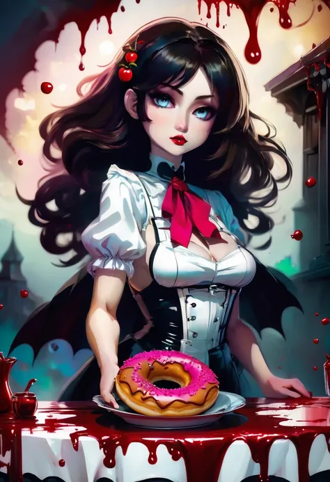 a portrait of a female vampire eating a (bloody donut: 1.3), an exotic exquisite beautiful female vampire, dynamic hair color, wavy hair, dynamic eyes color, (glowing  eyes: 1.1), intense eyes, wearing glamour silk dress, intricate detailed dress, dynamic ...