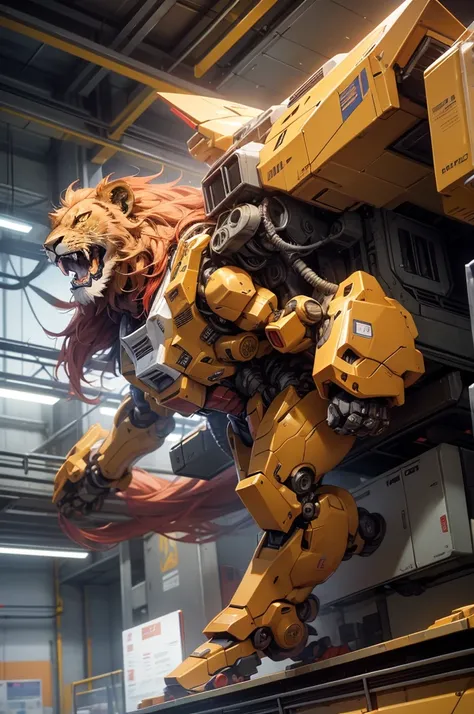 4k quality illustrations, with 4D high detail of science fiction theme full body biology long maned lion with giant mechanical body like gundam, The lion is running in a high-tech cooler. The dominant lion colors are red and gold, one shot photography angl...