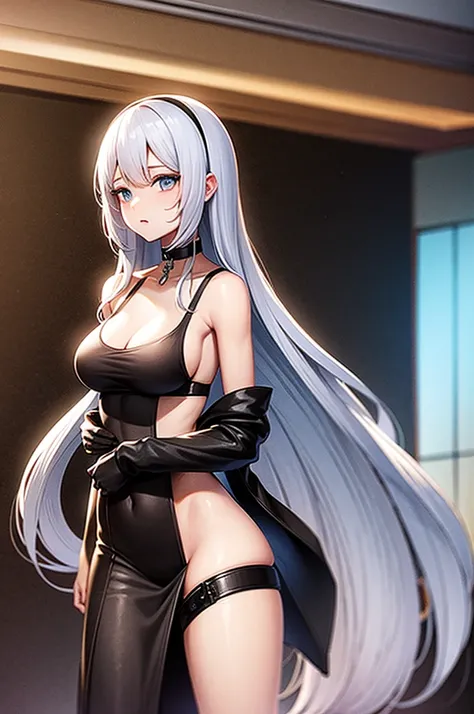 shy anime girl with long white hair beautiful blue eyes wearing a black choker baggy white crop top hanging off her right shoulder showing her black bra strap with tight black thigh highs and arm warmers.