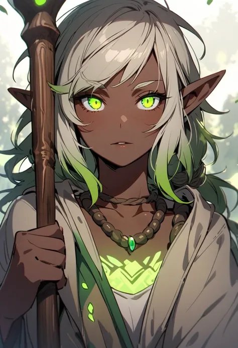 Full body portrait，a female druid，Elf，Green-glowing eyes，Brown skin，Wooden staff in hand，Wild