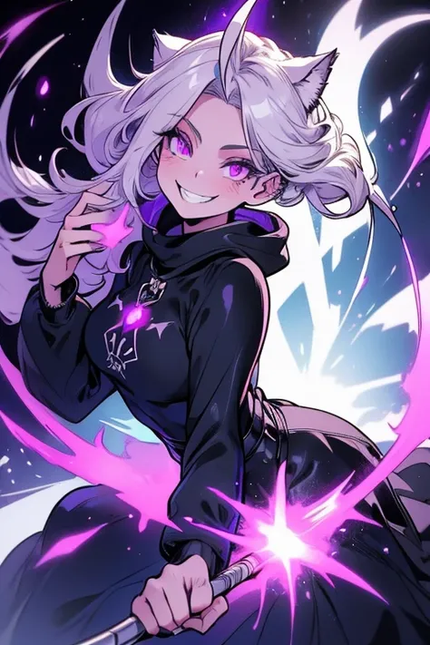 Perfect face. Perfect hands. A young silver haired woman with violet eyes and silver cat ears and a silver cat tail in a Gothic sweatshirt dress is spinning her scythe with a big smile in a cemetery
