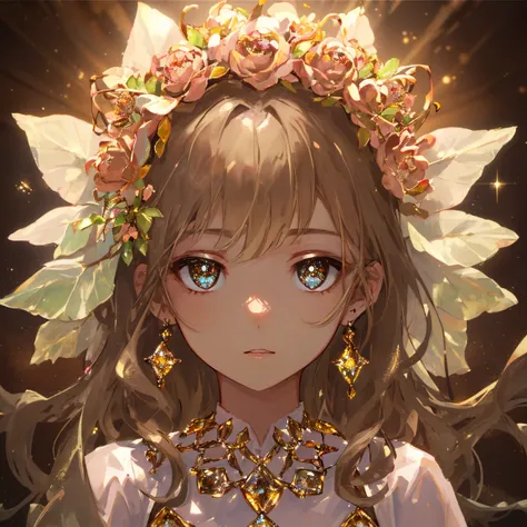 1 girl masterpiece, highest quality, shape, brown diamond eyes and hair, brown diamond earrings, brown diamond necklace, soil, earth fairy, cute, (dynamic lighting:1.2), cinematic lighting, delicate features, fine eyes, sharp pupils, realistic student, wri...