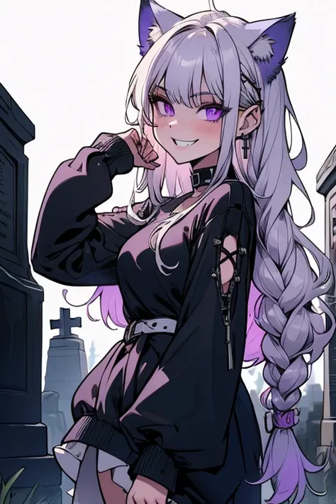 Perfect face. Perfect hands. A young silver haired woman with violet eyes and silver cat ears and a silver cat tail in a Gothic sweatshirt dress is posing in a cemetery with a big smile