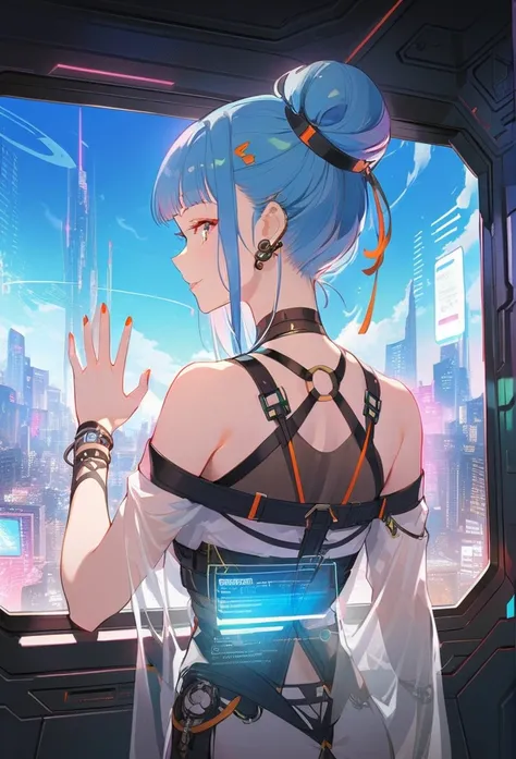 1 female, Mature female, Lucy (Cyberpunk),Cyberpunk (series), indoors, Futuristic, Holographic interface, window, Blue Theme, Extremely detailed, Hand on glass, From the back, Upper Body, Cyberpunk city in background, Black tights, Bare shoulders,