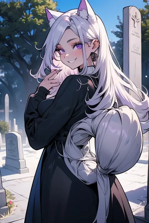 Perfect face. Perfect hands. A young silver haired woman with violet eyes and silver cat ears and a silver cat tail in a Gothic sweatshirt dress is posing in a cemetery with a big smile