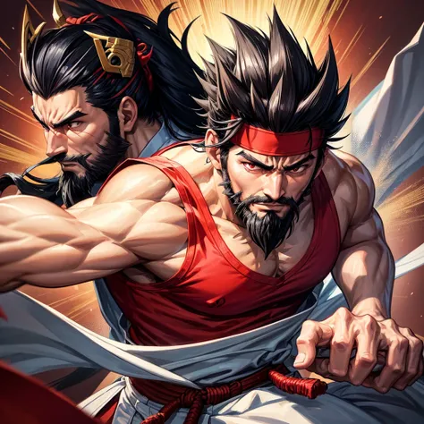 Oriental man, Cao Cao, brawny, straight black spiky hair, wearing a red headband, wearing a white karate gi, sleeveless, quite dirty, karate black belt, face with short, scruffy beard