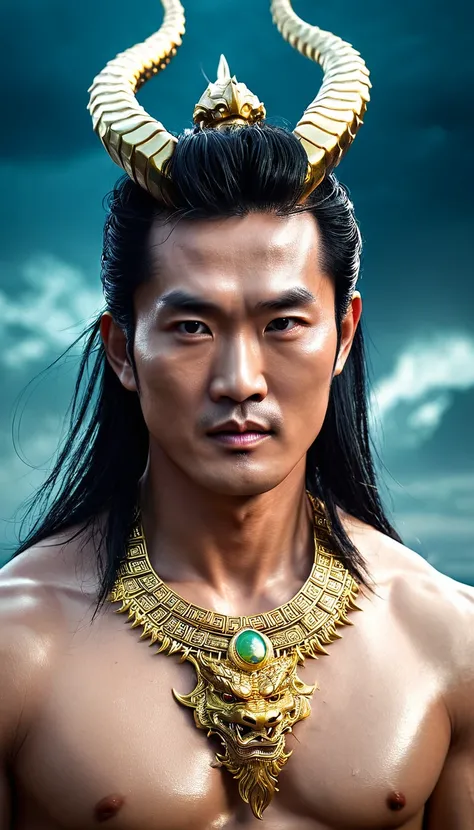 Extremely detailed close-up portrait, modeled after the legend of the Vietnamese god Lac Long Quan, taken from the waist up. The face of the god is a combination of modern handsomeness, combining the highlights of Thai, Korean and Hong Kong movie stars. A ...