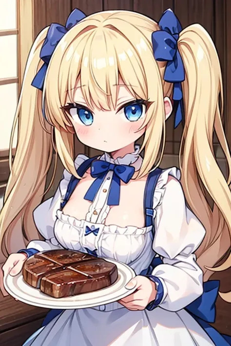 Eat a giant steak,Highest quality,Blonde with blue eyes、Lolita、Small breasts、Twin tails、girl&#39;mischief,smile,