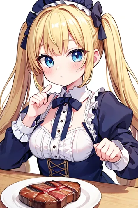 eat a giant steak,highest quality,blonde with blue eyes、lolita、small breasts、twin tails、girl&#39;mischief,smile,