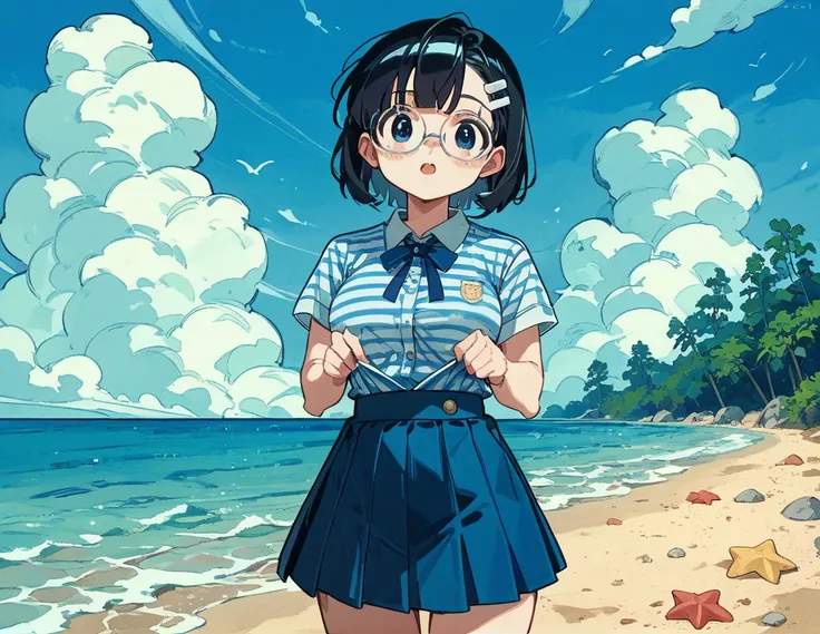  sticking to the shirt、Her breasts are visible through her blue and white striped shirt、Blue flared skirt、She lifts her skirt to reveal her cute white lace underwear、Girl with long black hair and glasses、whole body、Sandy beach and blue sky