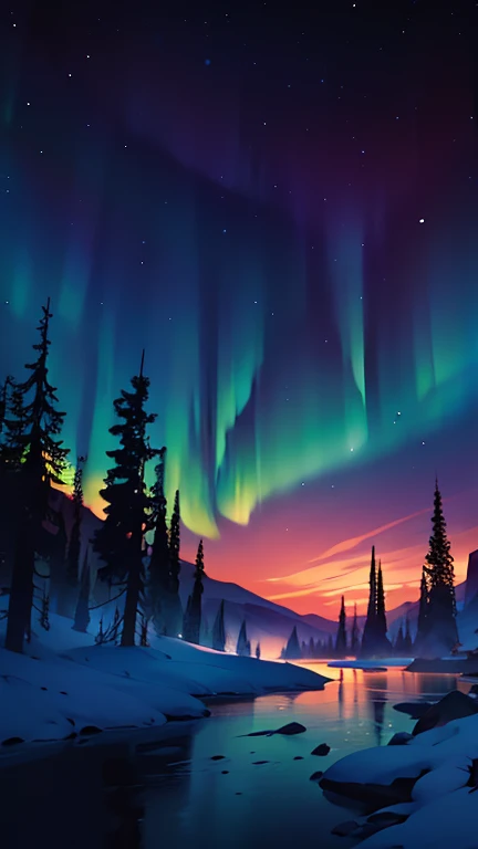 laguna, mountains, starry sky, Aurora boreal. landscape, artwork, high quality image