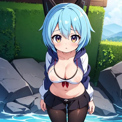 anime girl with blue hair, anime moe artstyle, rogue anime girl ayanami rei, 2 d anime style, Kantai Collection Style, gushing water from wet and moist crotch, Bushy pubic hair, incontinence, Wearing a jacket with a hoodie, Wearing an animal ears and eyes ...