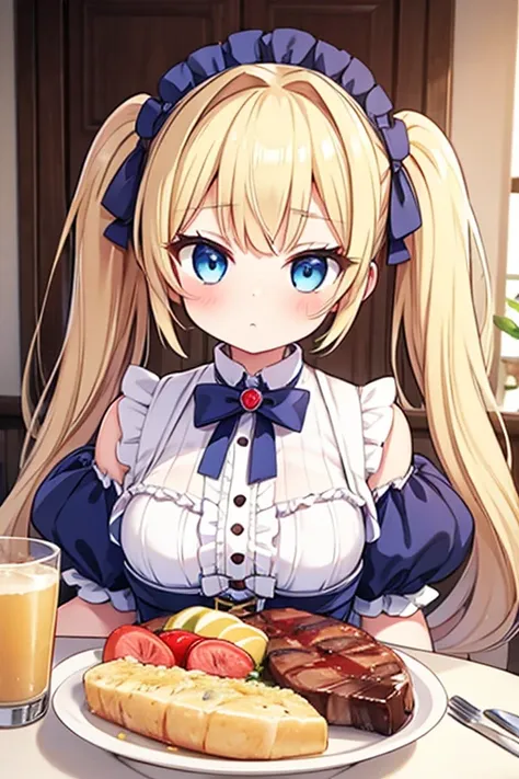 eat a giant steak,highest quality,blonde with blue eyes、lolita、small breasts、twin tails、girl&#39;mischief,smile,holding a fork a...