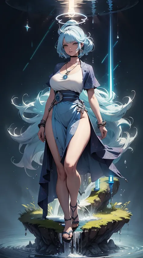 Jedi, Lightsaber, Tight tunics, legs, alien, curve, serious, Blue lightsaber, (Best quality)+, Masterpiece+Length of blue hair to the middle of the back, with a necklace and a blue dress and white, a halo of water over the head, Scales visible on the body ...