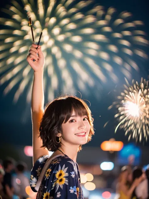 Image quality:best quality
Camera Focus: blur background
light:Backlit composition:Looking at the camera person:20 years old woman,Japanese,actress
pose:Slightly leaning forward background:Big fireworks hairstyle: Short Bob、Swinging Hair、With bangs
Dress:c...