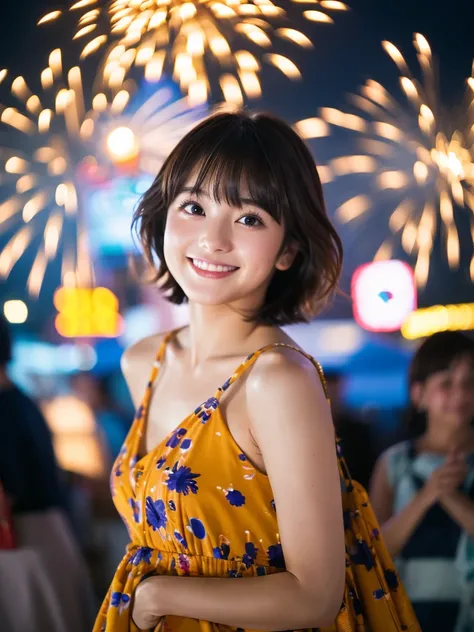 Image quality:best quality
Camera Focus: blur background
light:Backlit composition:Looking at the camera person:20 years old woman,Japanese,actress
pose:Slightly leaning forward background:Big fireworks hairstyle: Short Bob、Swinging Hair、With bangs
Dress:c...