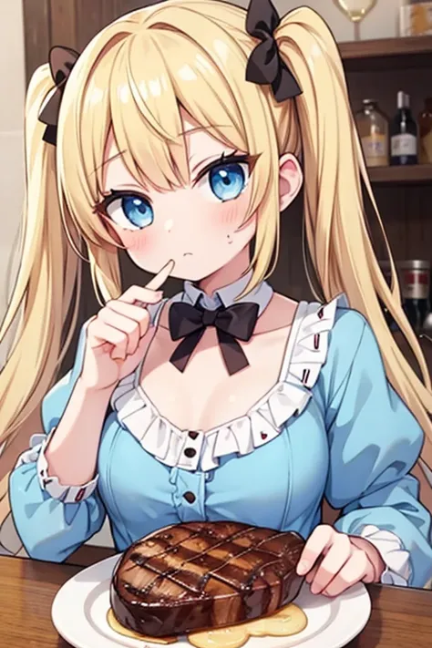 Eat a giant steak,Highest quality,Blonde with blue eyes、Lolita、Small breasts、Twin tails、girl&#39;Mischievous Smile,Holding a fork and knife,