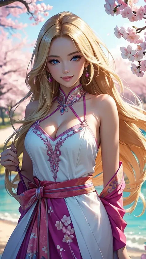 (best quality,ultra-detailed,photo-realistic:1.37),bright and vibrant colors,studio lighting,playful expression,stylish makeup,long blonde hair flowing in the wind,alluring eyes,glossy lips,sexy pose, Cherry Blossom, smiling in a confident and seductive wa...