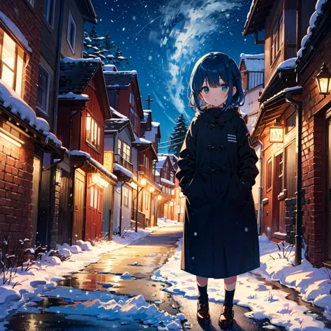 Top quality, super high resolution, 1 girl, alone, whole body, snow, city, blue hair, green eyes, nfufu, chubby, night, 5 years old, (young: 1.9),
