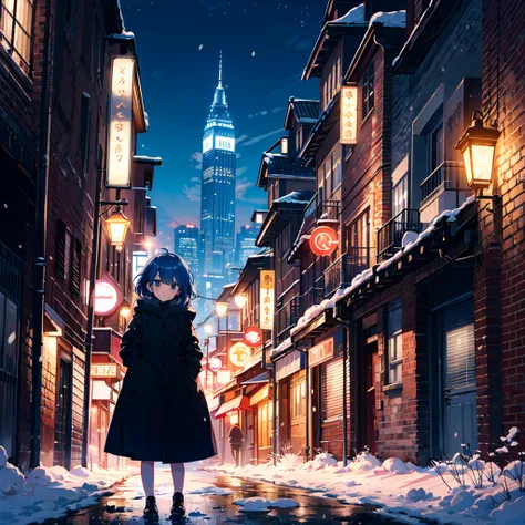 Top quality, super high resolution, 1 girl, alone, whole body, snow, city, blue hair, green eyes, nfufu, chubby, night, 5 years old, (young: 1.9),
