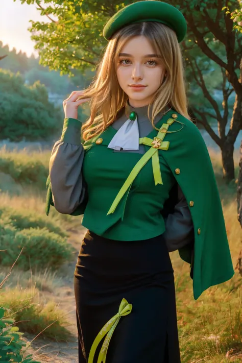 1 girl, best quality, ((Miyo)), tarankaaa, perfect face, NOT Dasha Taran, beautiful smile, 30 years old, ((ascot,uniform, black skirt, cross, ribbon, gold blonde hair, emerald, beret, cape, pantyhose)), ((perfectly drawn hands)), perfect body, bare tree, b...