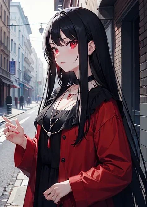 A girl with long black hair, Eyes red, she wears black and red clothes, She has a necklace around her neck with a light blue pearl