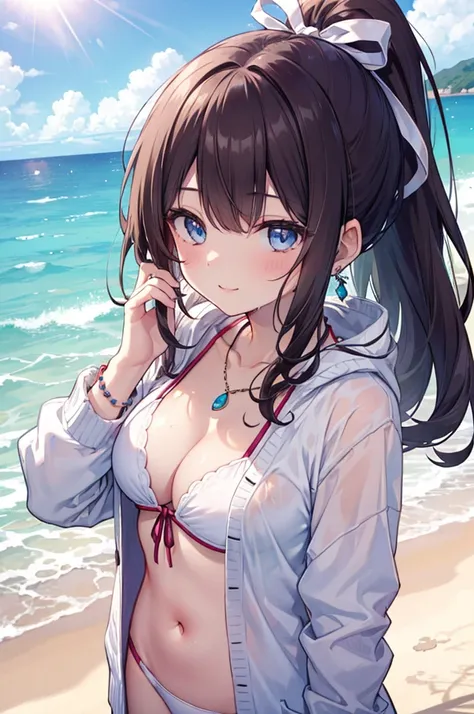 (((girl kawaii))), (a Very delicate and beautiful girl), ((Ultra-fine illustrations)), (Very delicate and beautiful), charactera girl, Please raise your hand, Wet, girl, teenage girl, Flowing Hair, (High Ponytail), (Long dark brown hair), Beautiful and fin...