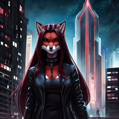 Draw a furry girl, a red fox with red eyes, with black long hair, with burgundy lipstick, with a black choker around his neck, in a classic black jacket with a black top, stands with a serious look against the backdrop of the night city 