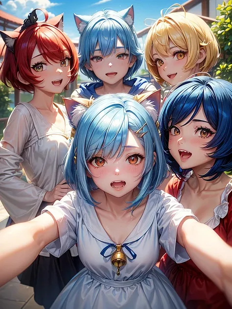 (highest quality)), ((masterpiece)), (family friendly), Perfect Face,Shiny skin,Beautiful breasts,Shiny skin、Kyoto Animation style painting、(((Short Bob)))、Cat ear、(((Double teeth)))、(((Sky blue hair color)))、(((White tips of hair)))、(((Red hairpin))) 、(((...