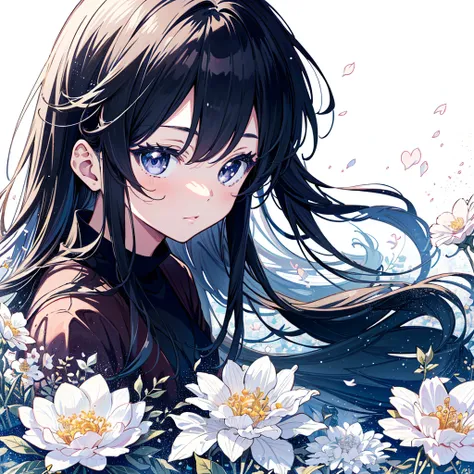 Top quality, super high resolution, one girl, colorful drawing of anime girl with long hair and flowers in hair, thick lines, detailed manga style, anime detailed portrait, black and white manga style, 5 years old, (young: 1.9),