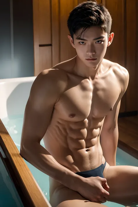 (masterpiece:1.2), 18-year-old boy, Asia, Delicate face, muscular, bath, nude, , Various postures, Shy expression, Shy expression, Extremely detailed, Practical, portrait, Vibrant colors, Studio Lighting