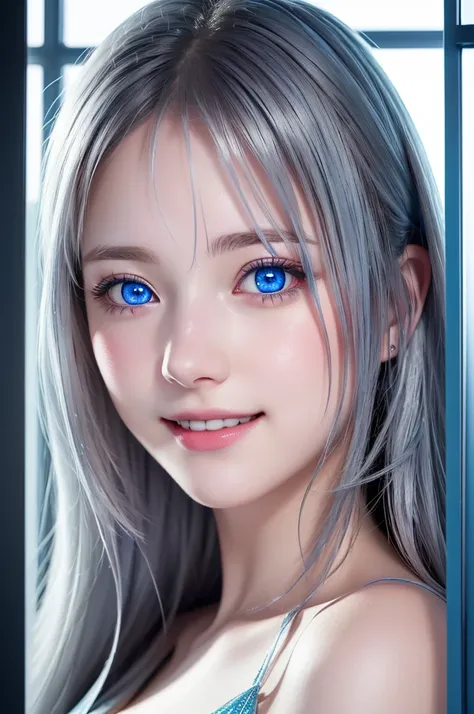 anime girl with blue eyes looking through broken glass window, portrait of a girl, detailed portrait of a girl, RAW photo, beautiful portrait, smooth  cg art, wallpaper 8 k, gray hair, pixie hair, odd eye, cute young girl, (smile:1.1), 