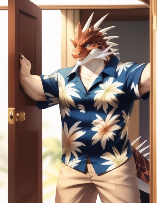 (((detailed eyes, detailed face))), (only, itzamna facial hair, dragon tail), male, (Plump, Strong body,A little chubby,Erect crotch), (White Hawaiian clothing, Printed shirt, Short sleeve, Grey Pants), They are there to greet me., (With open arms), Smile ...