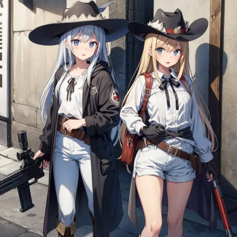 highest quality、masterpiece、official art、the best configuration、western hat、western boots、white bustier、hot pants、gun hanging fr...