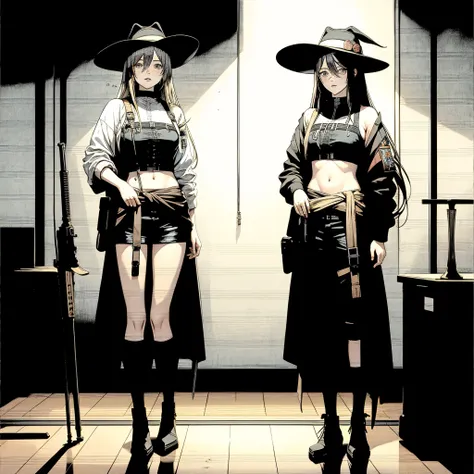 highest quality、masterpiece、official art、the best configuration、western hat、western boots、white bustier、hot pants、gun hanging fr...