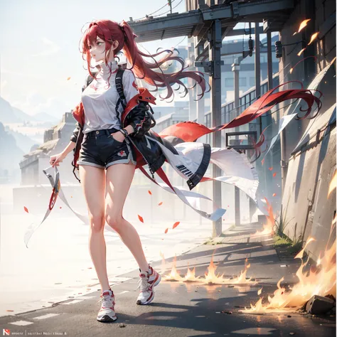 one girl，solo，((one person))，（red high ponytail），（long flowing red hair），（long white hair），full body lesbian，black jacket，short ...