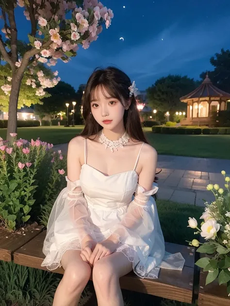 Sweet girl dress2,dress (night), In the park under the moonlight，A beautiful girl sitting among the flowers，Surrounded by blooming flowers and fluttering butterflies。Girl&#39;s cleavage is visible，The body leans back，Support your body with your elbows，Show...