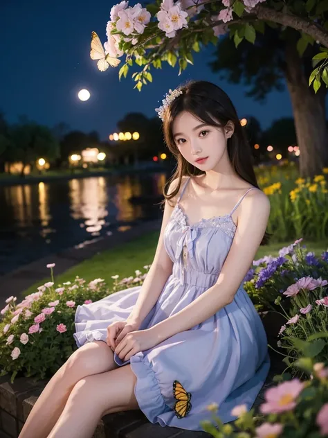 Sweet girl dress2,dress (night), In the park under the moonlight，A beautiful girl sitting among the flowers，Surrounded by blooming flowers and fluttering butterflies。Girl&#39;s cleavage is visible，The body leans back，Support your body with your elbows，Show...