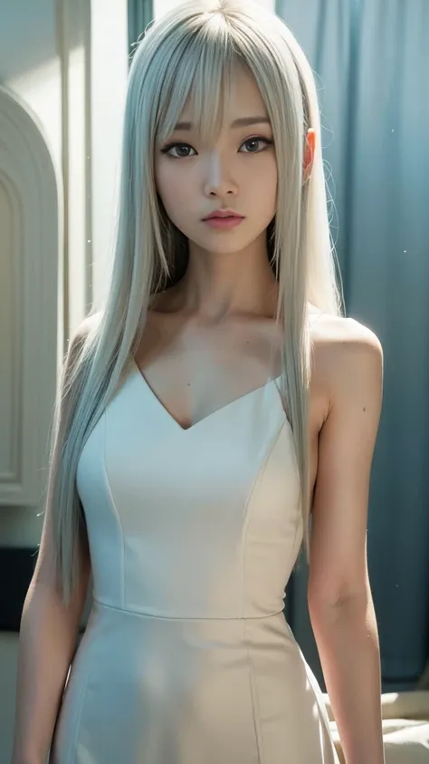 10 years old,woman,japanese,slender figure,long straight white hair,white dress,hair length reaches down to the middle of the ba...