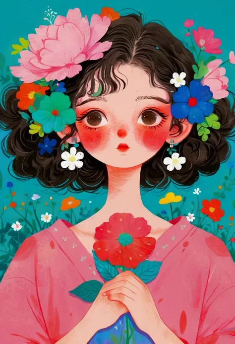 a girl holds a big pink flower in her hands, nobumasa yanagawa&#39;s numbers, pixiv, pop surrealism, a beautiful artistic illust...