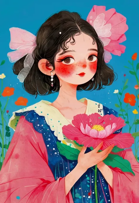 A girl holds a big pink flower in her hands, Nobumasa Yanagawa&#39;s Numbers, pixiv, Pop surrealism, A beautiful artistic illustration, Popular trends on artstration, Beautiful digital illustrations, Lovely and detailed digital art, guweiz style artwork, L...