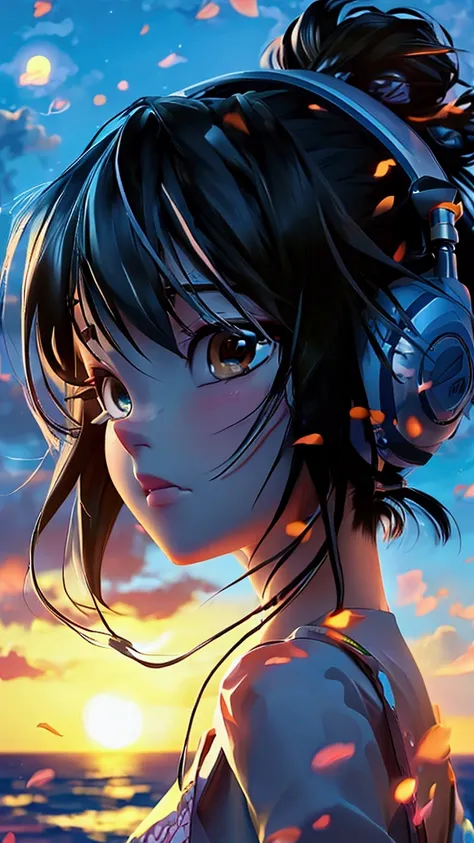 Sea view at night、anime、, Black Hair、,  Highest quality, headphone、ponytail, One girl, 