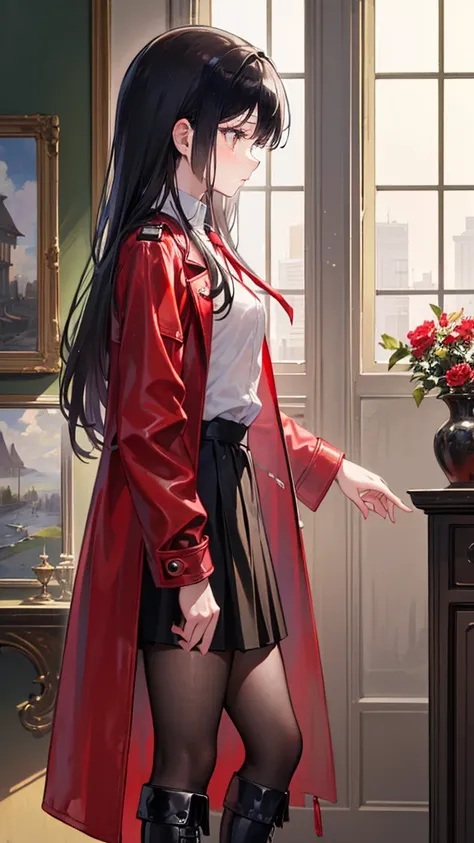 ((Best masterpiece, Perfect quality, Ultra detailed)), ((Profile)), A skinny slender girl with small bust, Wearing a red leather long-coat, Wearing a white y-shirt with red tie, Wearing a gathered black fabric skirt, Wearing a black leather over-knee long-...