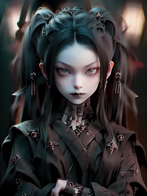 (high quality: 1.3), Cinematic shots, masterpiece, (Sharp focus: 1.5), (Realistic: 1.3),whole body,Image color: black and yellow,  (Beautiful young vampire woman, Pale skin, Gothic, Still proud、intense, Loose and fluffy black twin tails,Long Hair, Dark loo...